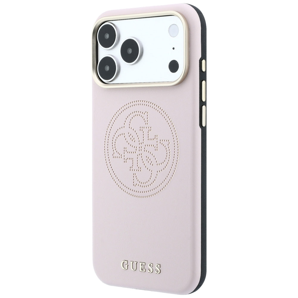 Guess Perforated 4G Gold Logo MagSafe dėklas iPhone 17 Pro / 18 Pro - Rožinis -- iPhone 17 Pro / iPhone 18 Pro