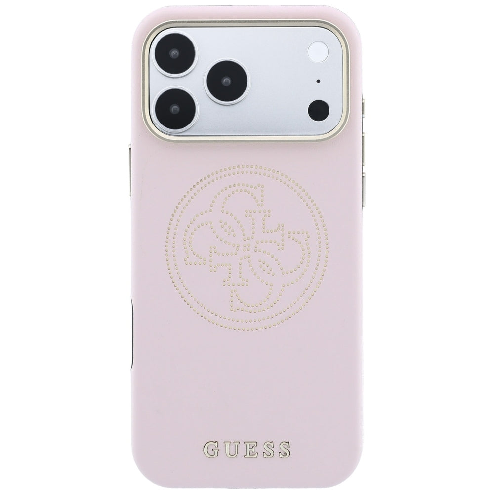 Guess Perforated 4G Gold Logo MagSafe dėklas iPhone 17 Pro / 18 Pro - Rožinis -- iPhone 17 Pro / iPhone 18 Pro
