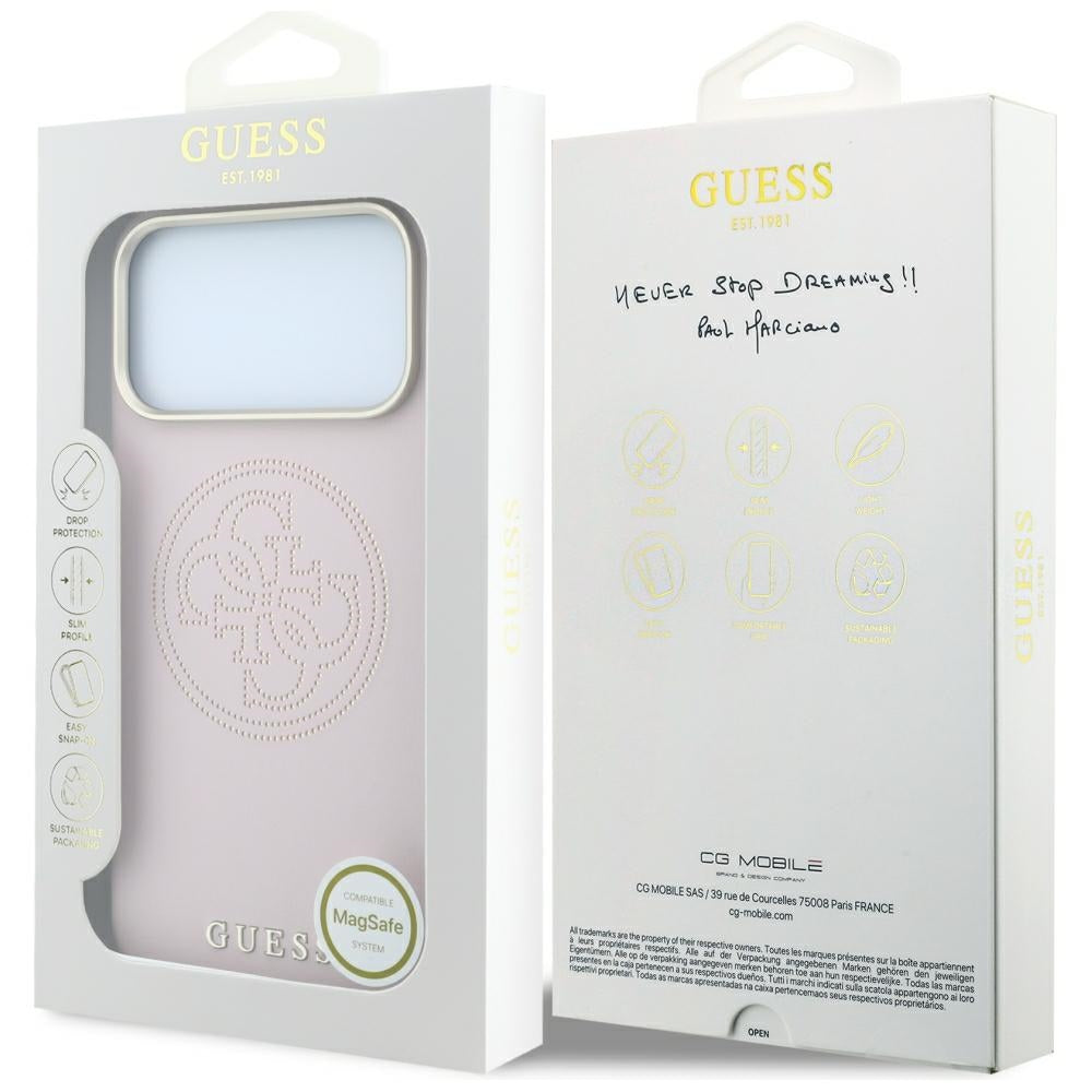 Guess Perforated 4G Gold Logo MagSafe dėklas iPhone 17 Pro Max / 18 Pro Max - Rožinis -- iPhone 17 Pro Max / iPhone 18...