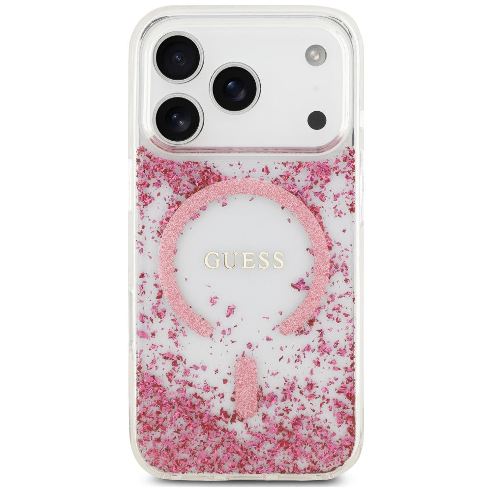Guess Resin Bottom Glitter MagSafe Dėklas iPhone 18 Pro / 17 Pro - Rožinė -- iPhone 18 Pro / iPhone 17 Pro