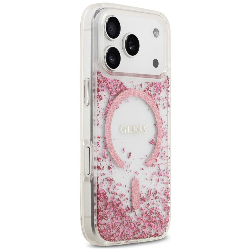 Guess Resin Bottom Glitter MagSafe Dėklas iPhone 18 Pro / 17 Pro - Rožinė -- iPhone 18 Pro / iPhone 17 Pro