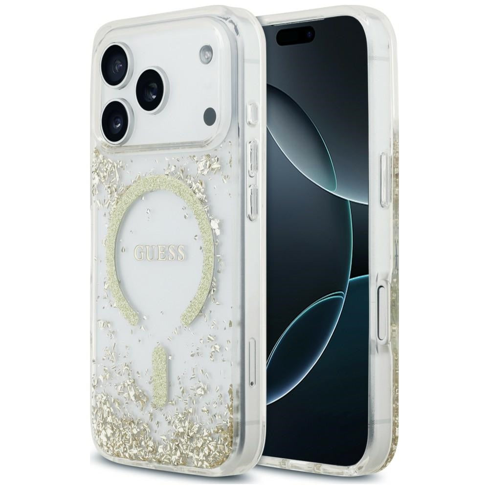 Guess Resin Bottom Glitter MagSafe Dėklas iPhone 18 Pro / 17 Pro - Auksinis -- iPhone 18 Pro / iPhone 17 Pro
