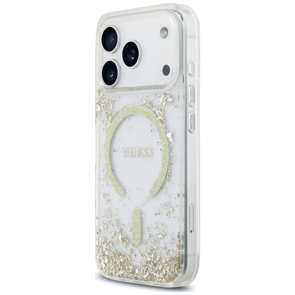 Guess Resin Bottom Glitter MagSafe Dėklas iPhone 18 Pro / 17 Pro - Auksinis -- iPhone 18 Pro / iPhone 17 Pro