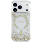 Guess Resin Bottom Glitter MagSafe Dėklas iPhone 18 Pro / 17 Pro - Auksinis -- iPhone 18 Pro / iPhone 17 Pro