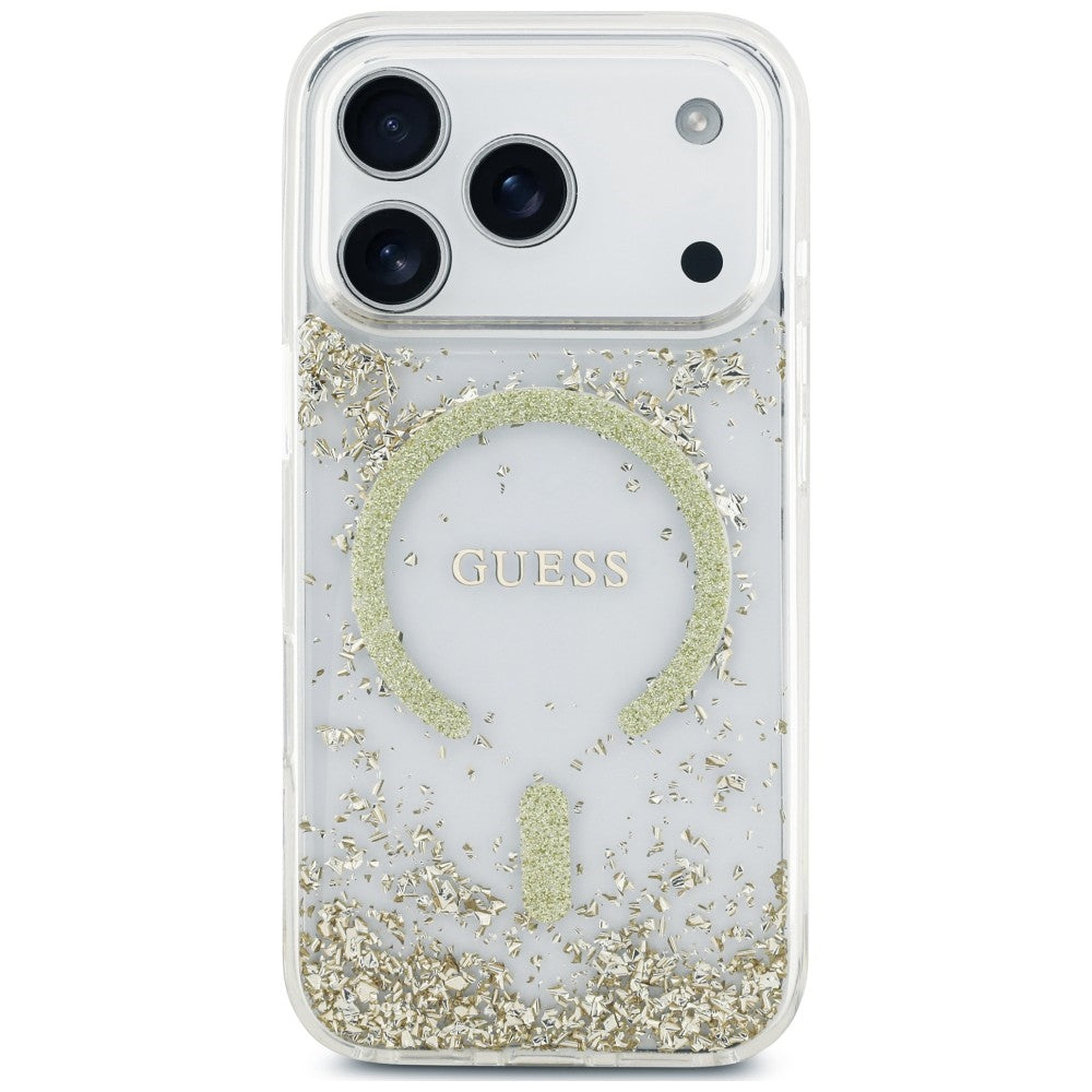 Guess Resin Bottom Glitter MagSafe Dėklas iPhone 18 Pro / 17 Pro - Auksinis -- iPhone 18 Pro / iPhone 17 Pro