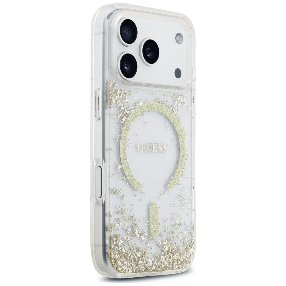 Guess Resin Bottom Glitter MagSafe Dėklas iPhone 18 Pro / 17 Pro - Auksinis -- iPhone 18 Pro / iPhone 17 Pro