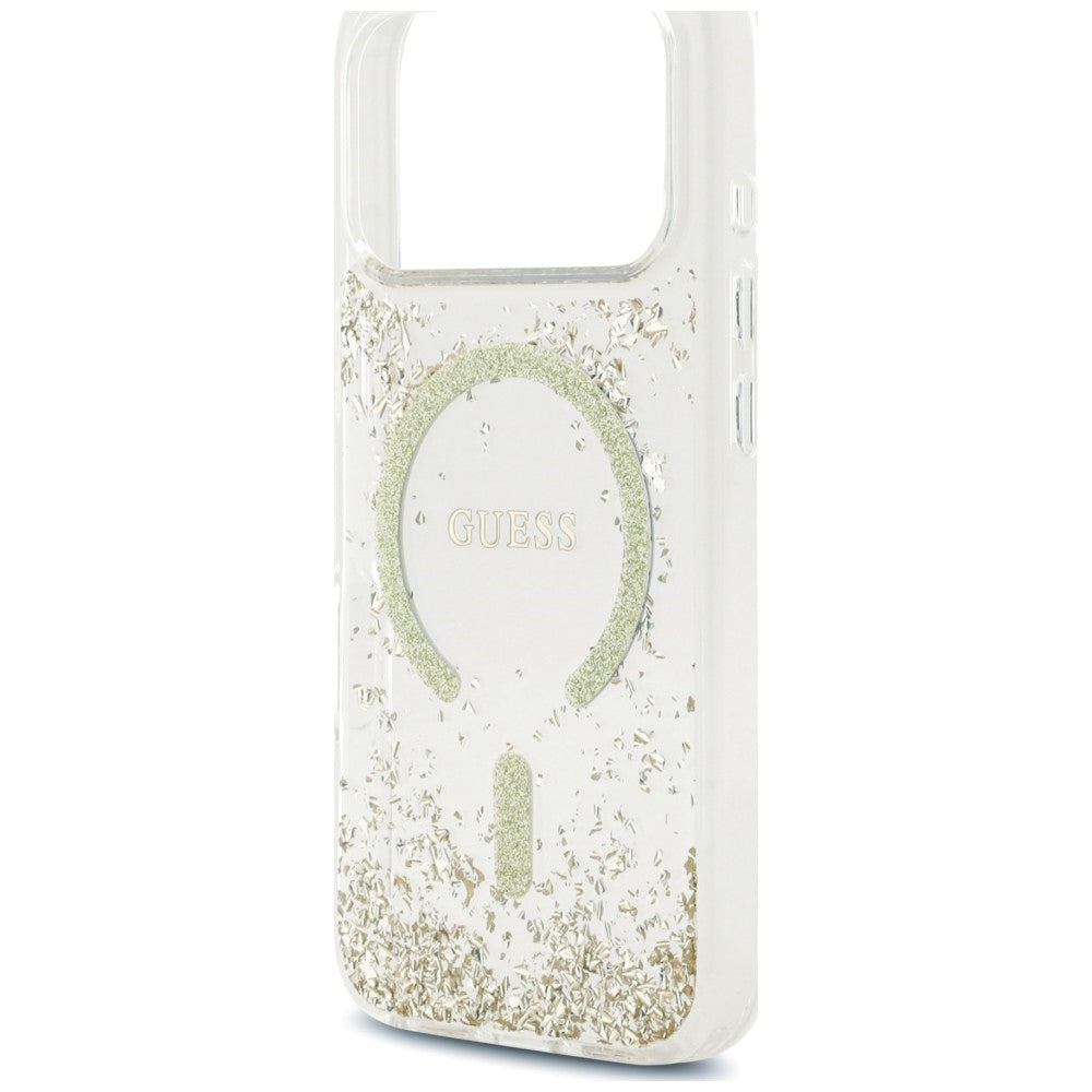 Guess Resin Bottom Glitter MagSafe Dėklas iPhone 18 Pro / 17 Pro - Auksinis -- iPhone 18 Pro / iPhone 17 Pro