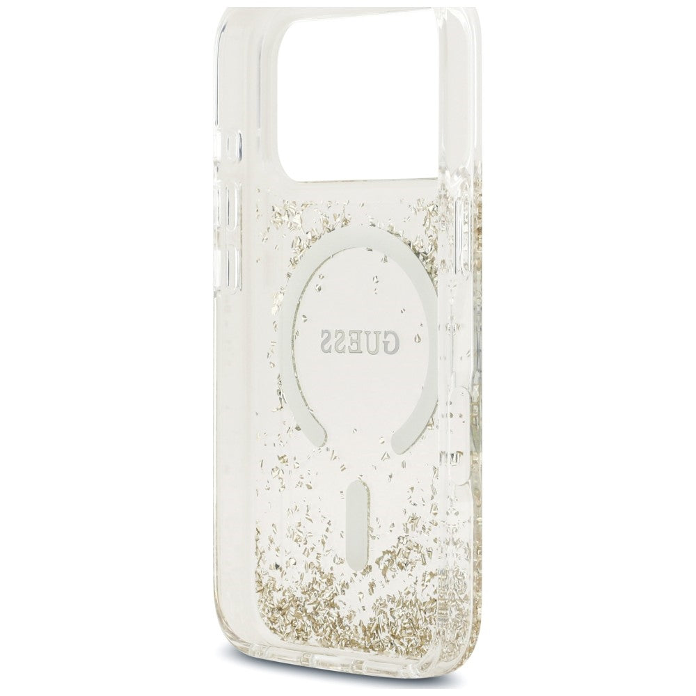 Guess Resin Bottom Glitter MagSafe Dėklas iPhone 18 Pro / 17 Pro - Auksinis -- iPhone 18 Pro / iPhone 17 Pro