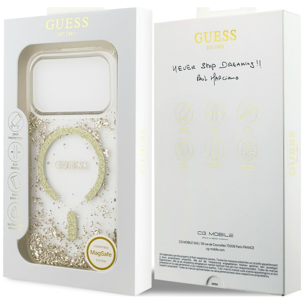 Guess Resin Bottom Glitter MagSafe Dėklas iPhone 18 Pro / 17 Pro - Auksinis -- iPhone 18 Pro / iPhone 17 Pro