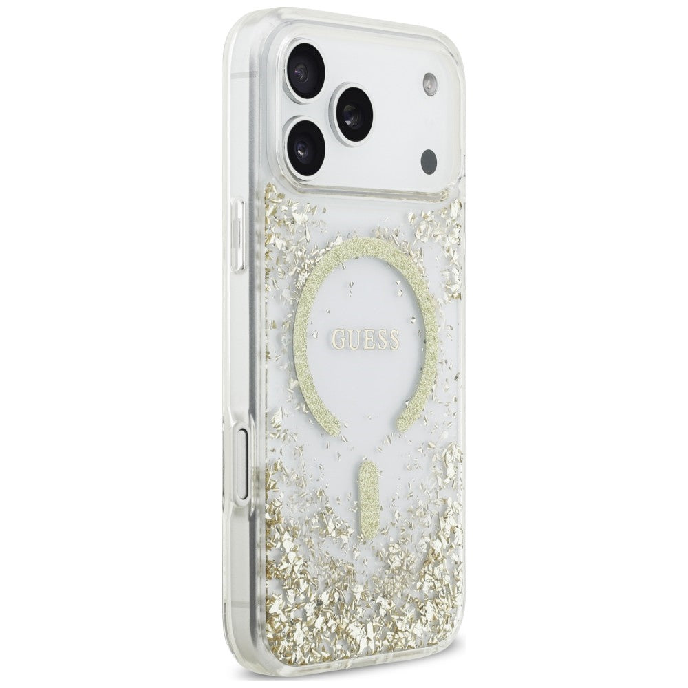 Guess Resin Bottom Glitter MagSafe Case for iPhone 18 Pro Max / 17 Pro Max - Auksinė -- iPhone 18 Pro Max / iPhone 17 Pro Max