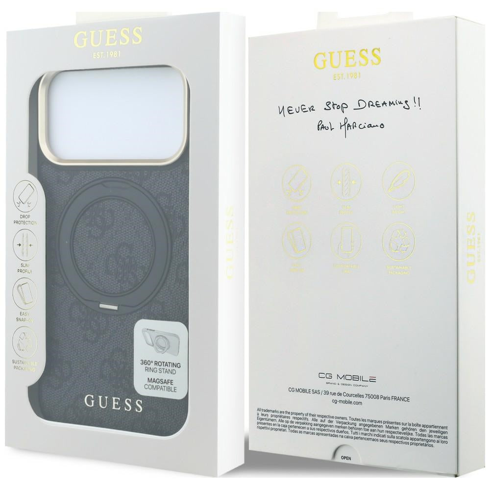 Guess Ring Stand 360 4G Classic Logo MagSafe dėklas iPhone 17 Pro / 18 Pro - Juodas -- iPhone 17 Pro / iPhone 18 Pro