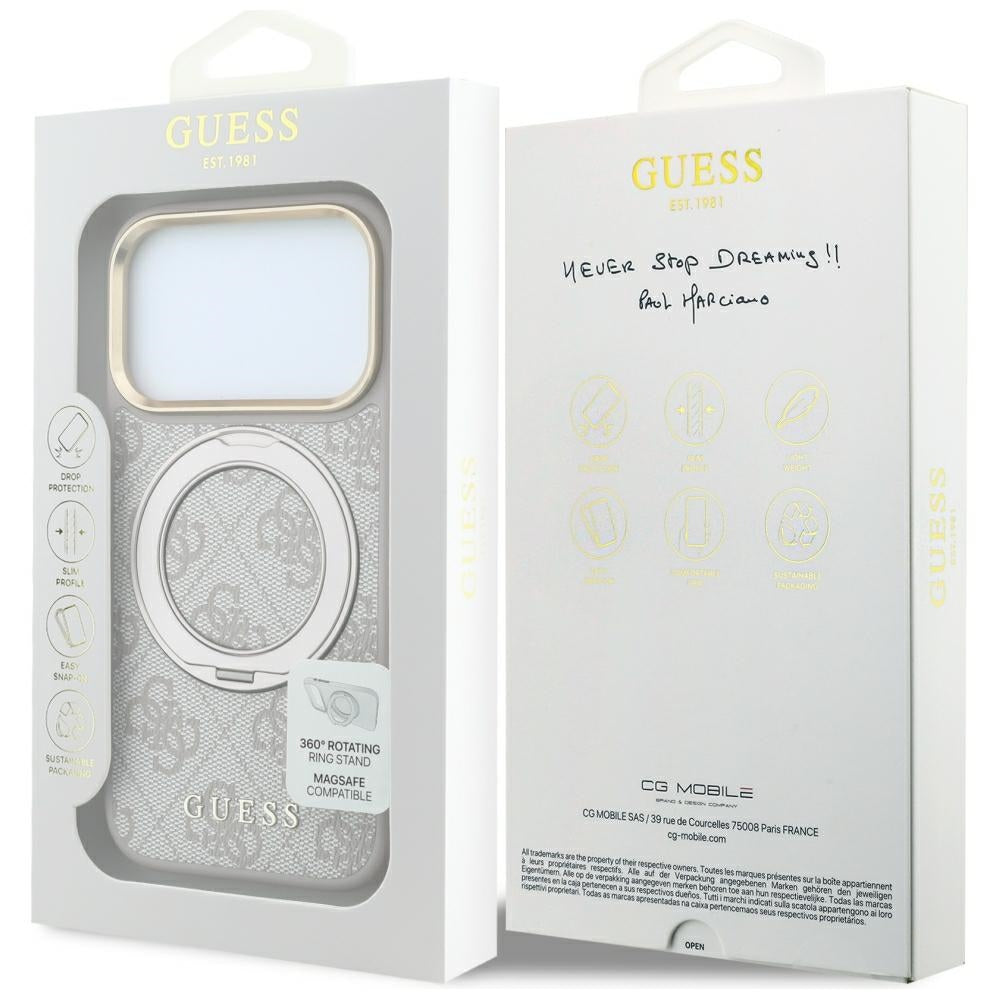 Guess Ring Stand 360 4G Classic Logo MagSafe dėklas iPhone 17 Pro Max / 18 Pro Max - rožinė -- iPhone 17 Pro Max / iPhone...