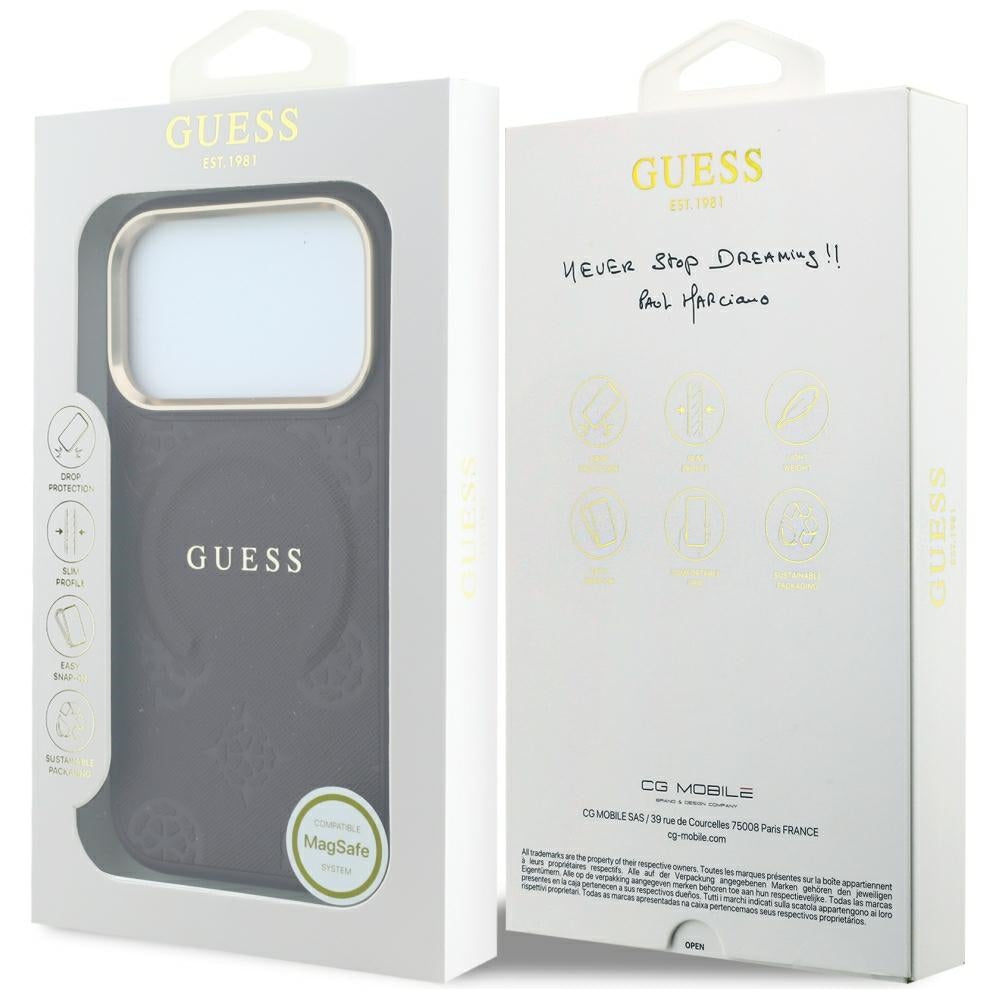 Guess Saffiano Peony & Ring MagSafe dėklas iPhone 17 Pro / 18 Pro - tamsiai raudona -- iPhone 17 Pro / iPhone 18 Pro
