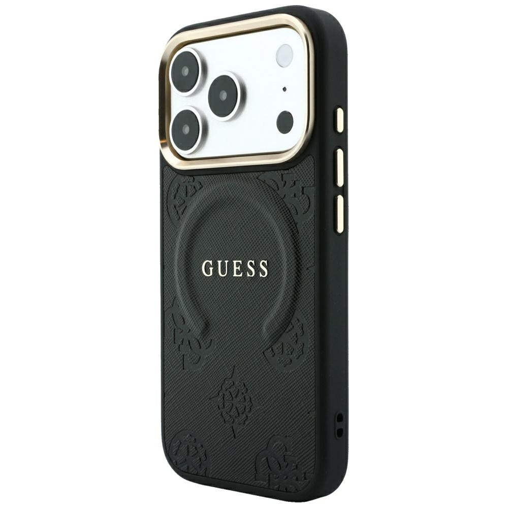 Guess Saffiano Peony & Ring MagSafe dėklas iPhone 17 Pro / 18 Pro - juoda -- iPhone 17 Pro / iPhone 18 Pro