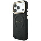 Guess Saffiano Peony & Ring MagSafe dėklas iPhone 17 Pro / 18 Pro - juoda -- iPhone 17 Pro / iPhone 18 Pro
