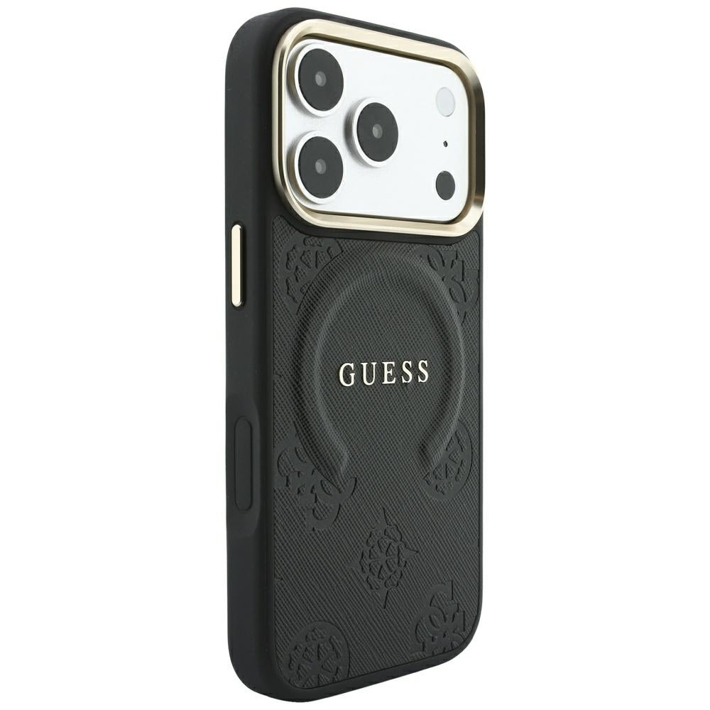Guess Saffiano Peony & Ring MagSafe dėklas iPhone 17 Pro / 18 Pro - juoda -- iPhone 17 Pro / iPhone 18 Pro