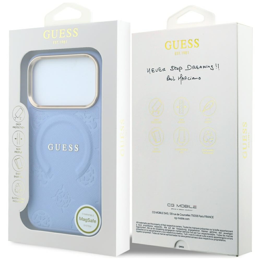 Guess Saffiano Peony & Ring MagSafe dėklas iPhone 17 Pro / 18 Pro - šviesiai mėlyna -- iPhone 17 Pro / iPhone 18 Pro