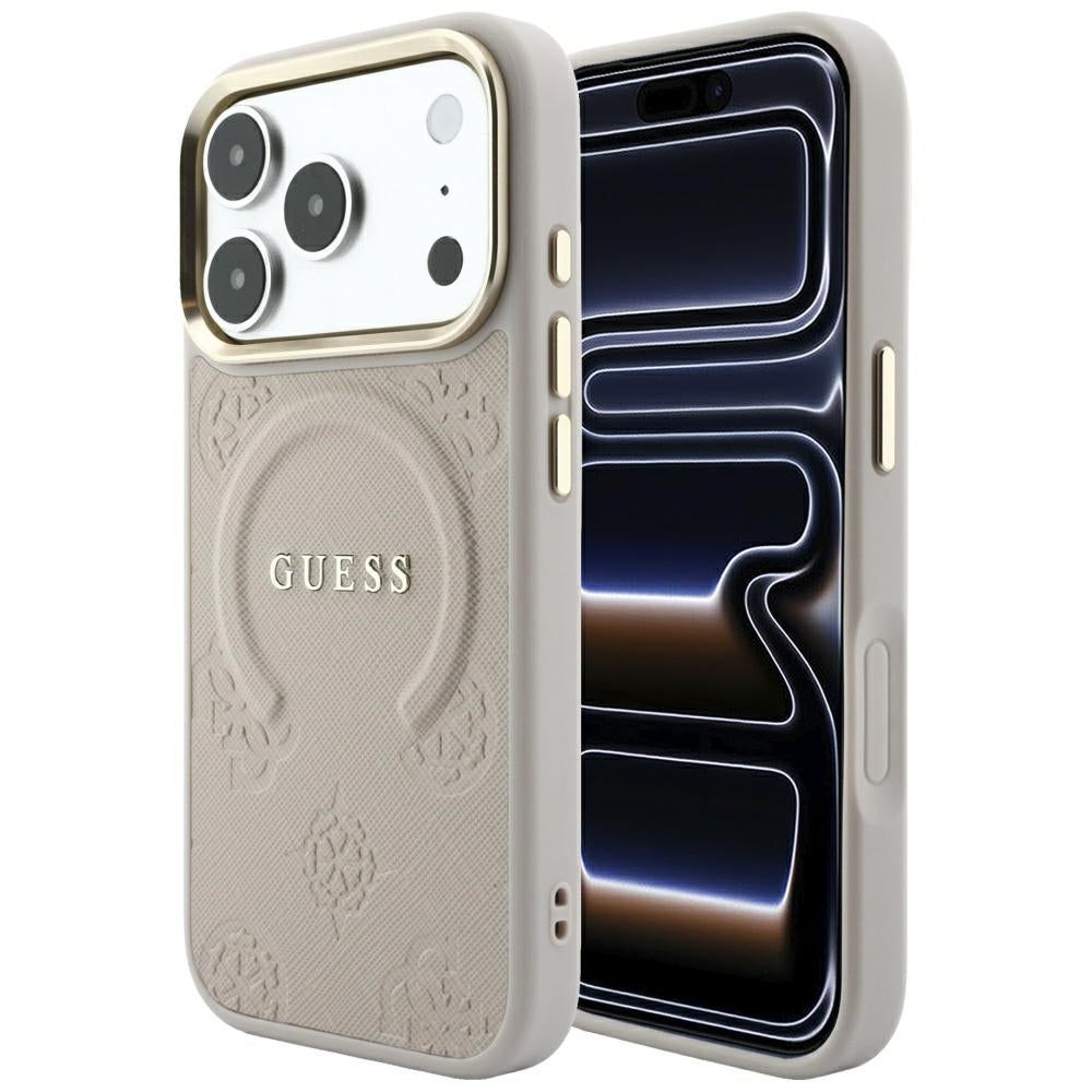 Guess Saffiano Peony & Ring MagSafe dėklas iPhone 17 Pro / 18 Pro - rožinė -- iPhone 17 Pro / iPhone 18 Pro