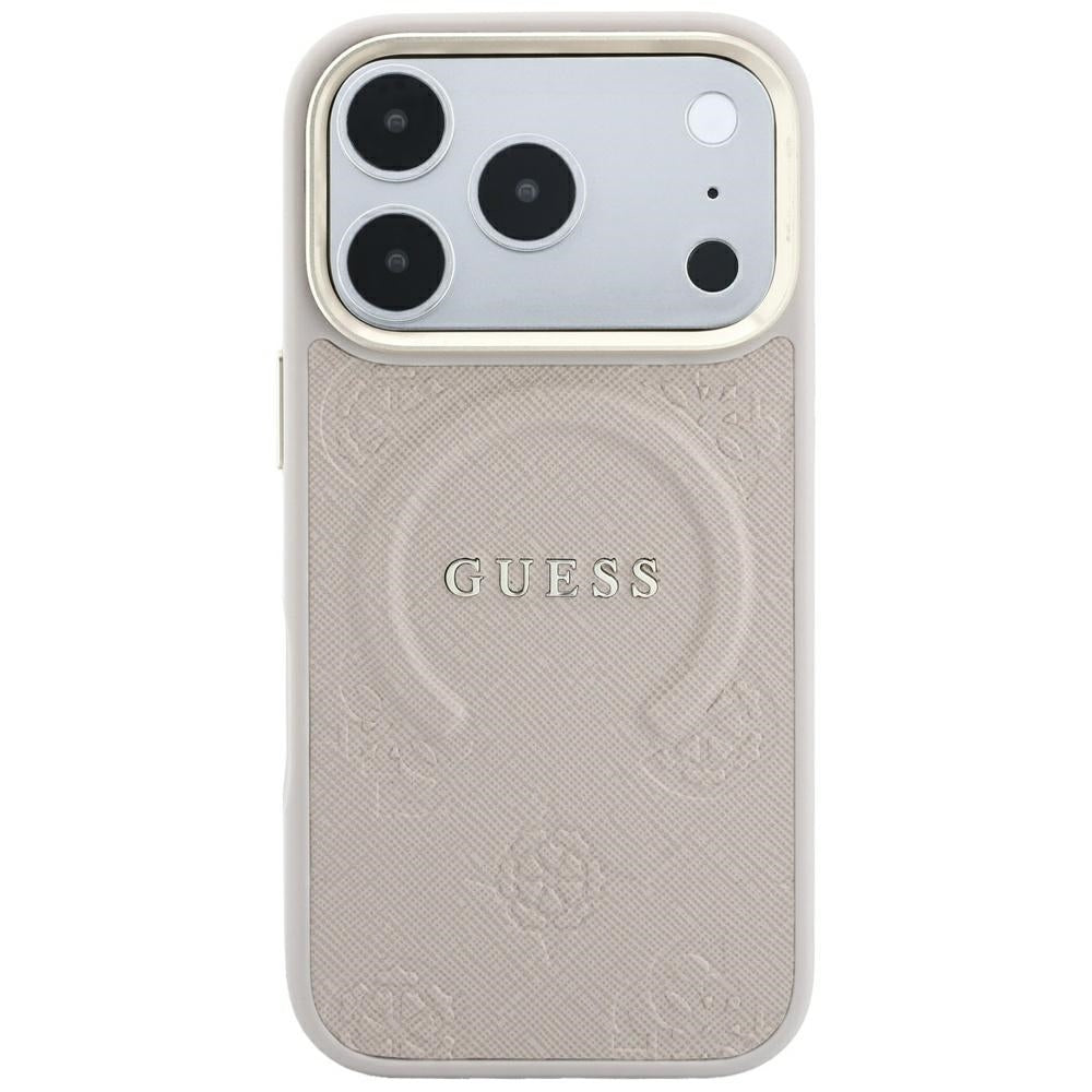 Guess Saffiano Peony & Ring MagSafe dėklas iPhone 17 Pro / 18 Pro - rožinė -- iPhone 17 Pro / iPhone 18 Pro