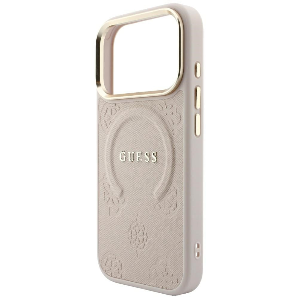 Guess Saffiano Peony & Ring MagSafe dėklas iPhone 17 Pro / 18 Pro - rožinė -- iPhone 17 Pro / iPhone 18 Pro
