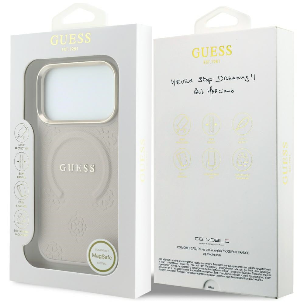 Guess Saffiano Peony & Ring MagSafe dėklas iPhone 17 Pro / 18 Pro - rožinė -- iPhone 17 Pro / iPhone 18 Pro