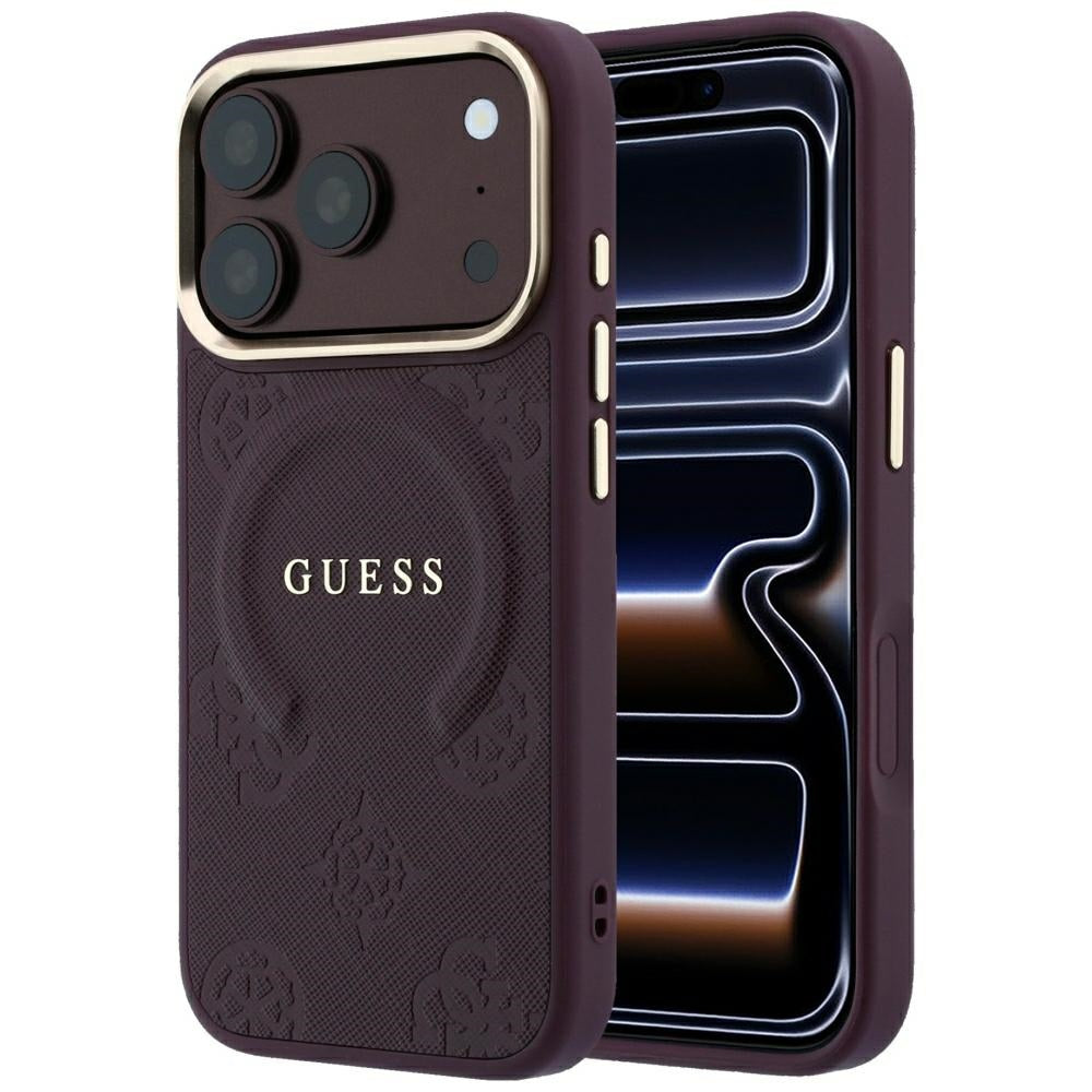 Guess Saffiano Peony & Ring MagSafe dėklas iPhone 17 Pro Max / 18 Pro Max - vyšninė -- iPhone 17 Pro Max / iPhone 18 Pro Max