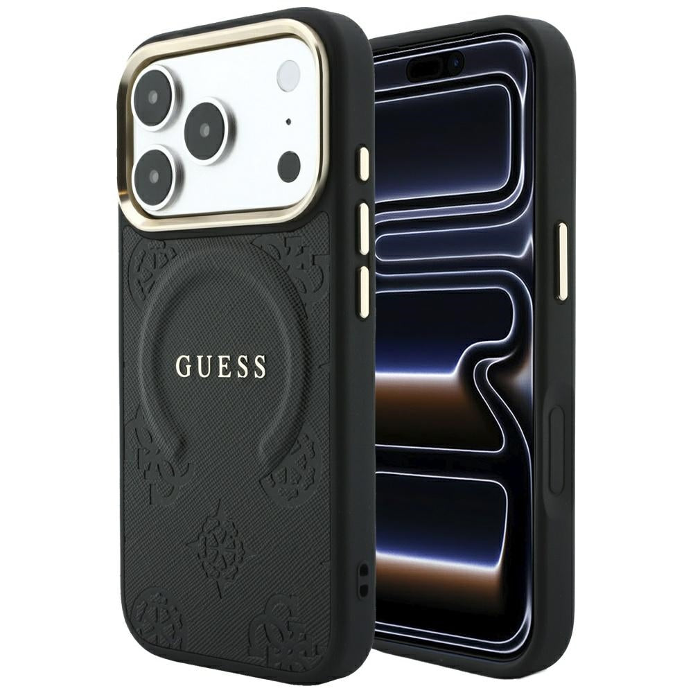 Guess Saffiano Peony & Ring MagSafe dėklas iPhone 17 Pro Max / 18 Pro Max - juoda -- iPhone 17 Pro Max / iPhone 18 Pro Max
