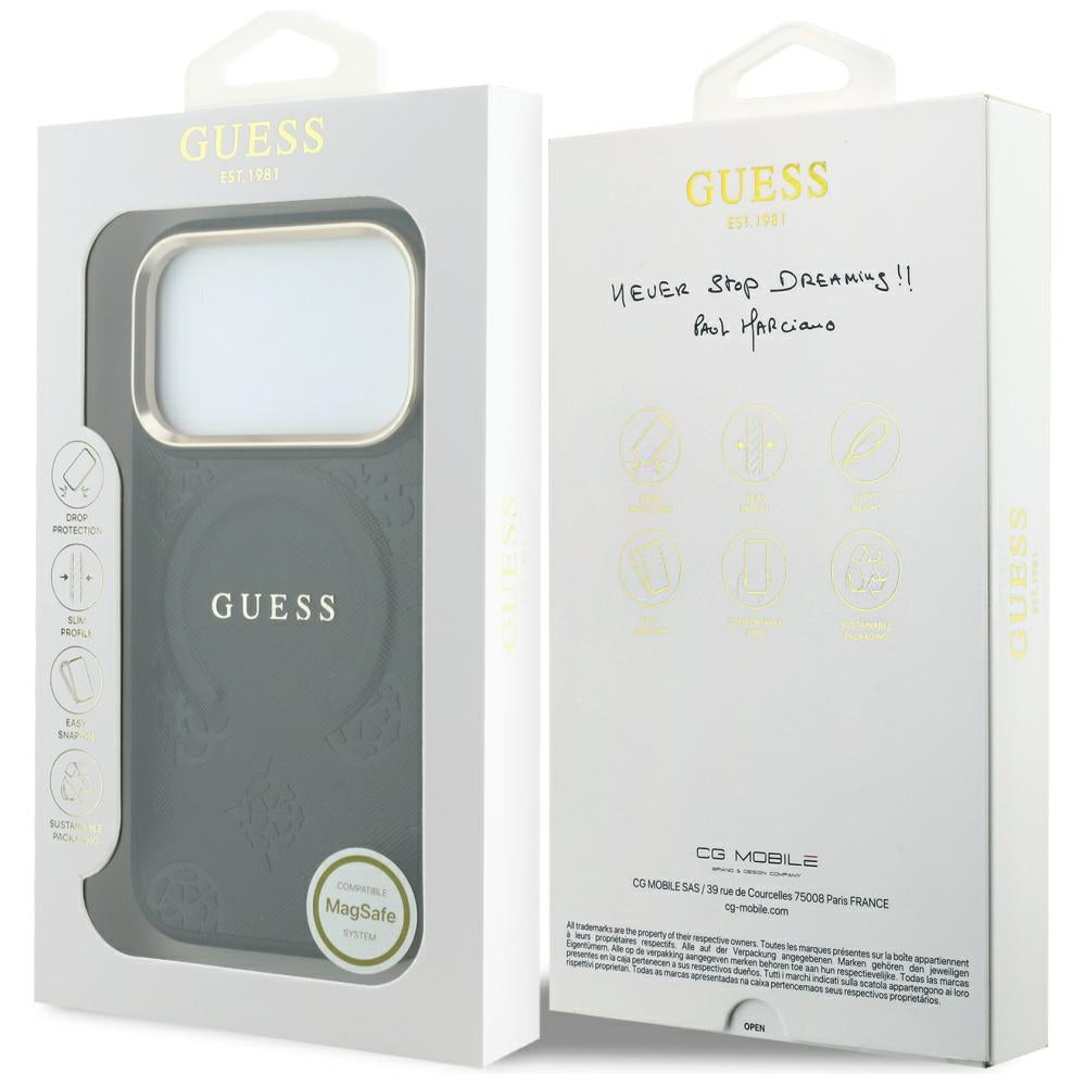 Guess Saffiano Peony & Ring MagSafe dėklas iPhone 17 Pro Max / 18 Pro Max - juoda -- iPhone 17 Pro Max / iPhone 18 Pro Max