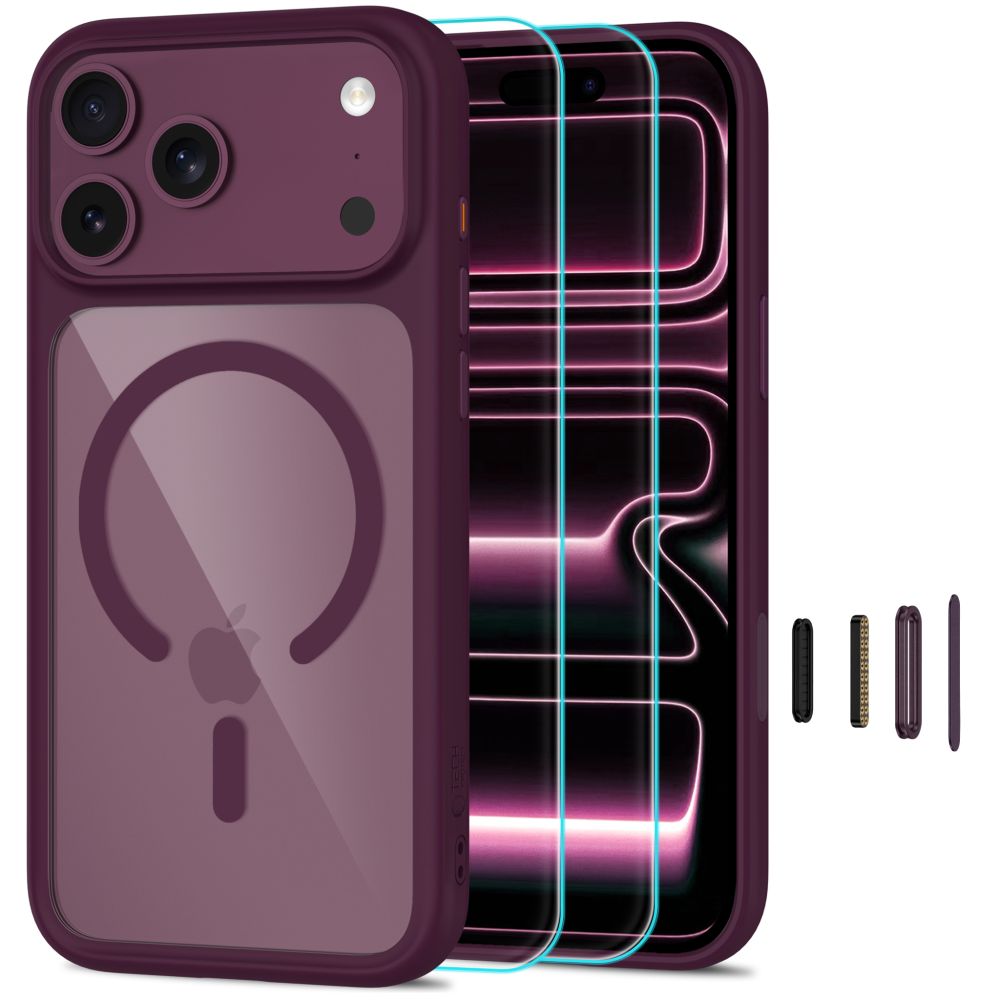 Tech-Protect MagOne CC MagSafe dėklas + grūdintasis stiklas 2-pak iPhone 18 Pro / 17 Pro - skaidri burgundo -- iPhone 18...
