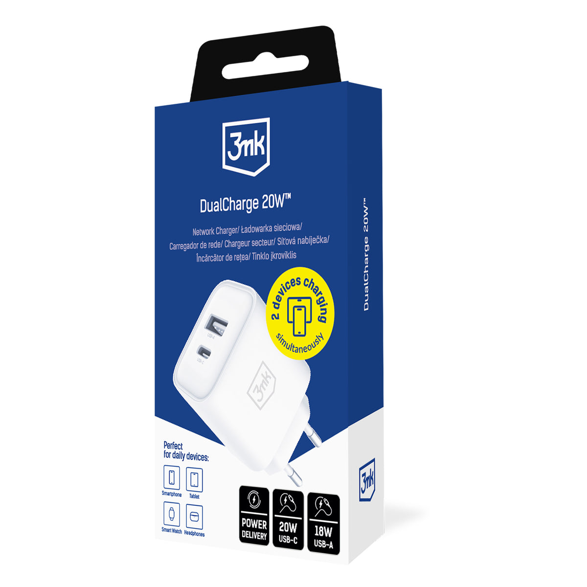 Sieninis ikroviklis 3mk DualCharge 20W PD3.0 QC 3.0 PPS USB 1A1C - Baltas -- Cell phone chargers