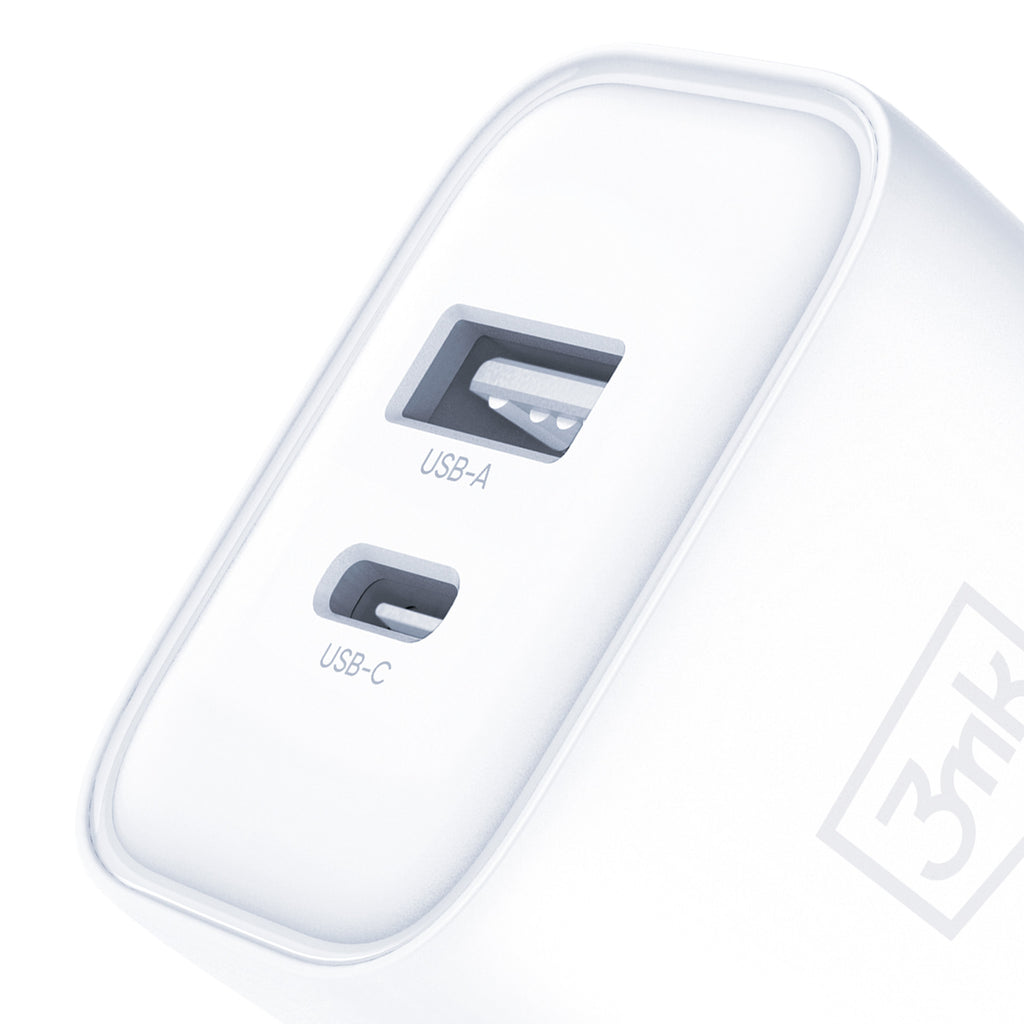 Sieninis ikroviklis 3mk DualCharge 20W PD3.0 QC 3.0 PPS USB 1A1C - Baltas -- Cell phone chargers