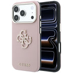 Guess Grained & Big Resin Logo dėklas Apple iPhone 18 Pro / 17 Pro - Rožinė -- iPhone 18 Pro / iPhone 17 Pro