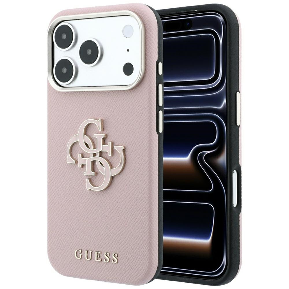 Guess Grained & Big Resin Logo dėklas Apple iPhone 18 Pro / 17 Pro - Rožinė -- iPhone 18 Pro / iPhone 17 Pro