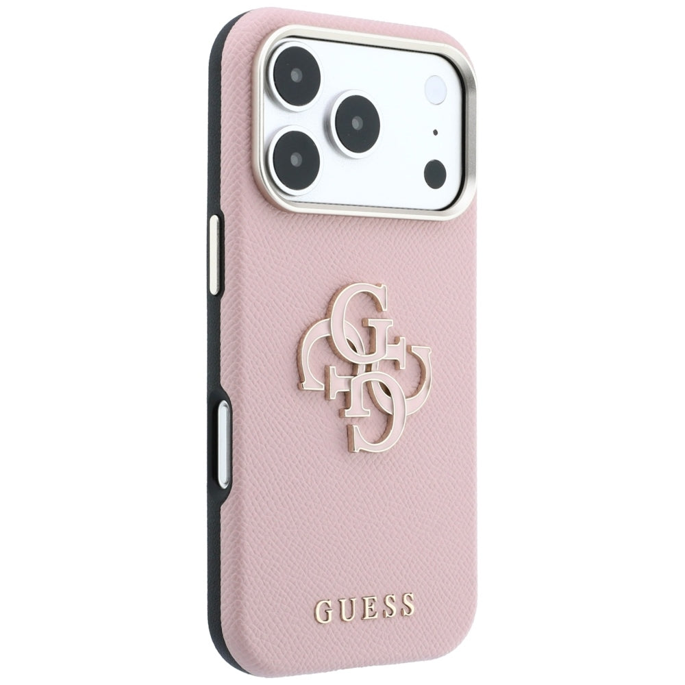 Guess Grained & Big Resin Logo dėklas Apple iPhone 18 Pro / 17 Pro - Rožinė -- iPhone 18 Pro / iPhone 17 Pro