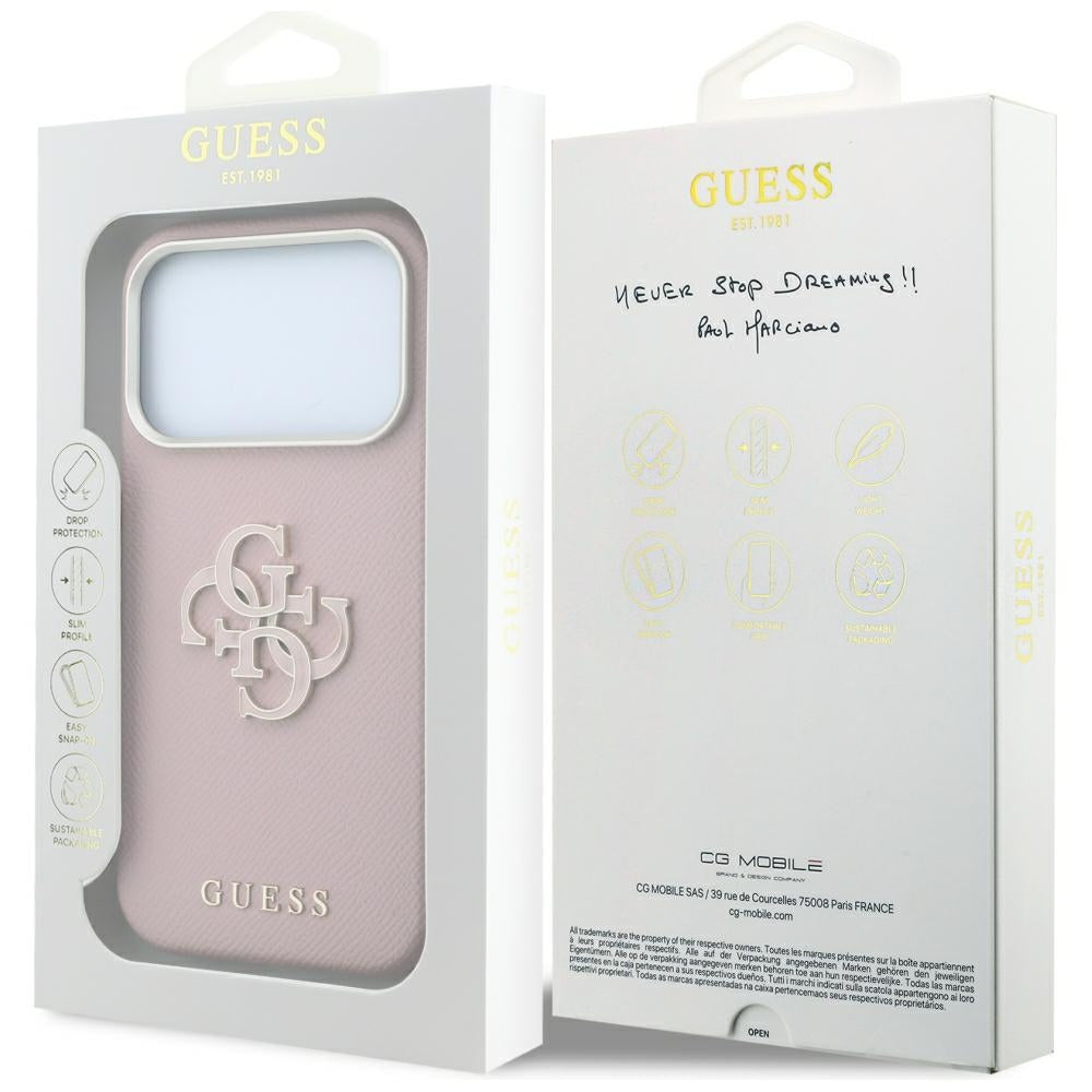 Guess Grained & Big Resin Logo dėklas Apple iPhone 18 Pro / 17 Pro - Rožinė -- iPhone 18 Pro / iPhone 17 Pro