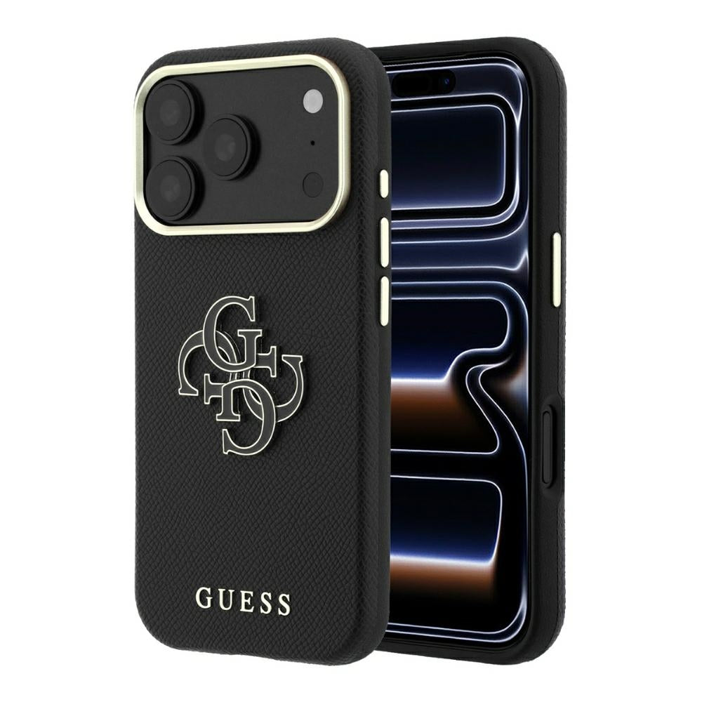 Guess Grained & Big Resin Logo dėklas, skirtas iPhone 18 Pro Max / 17 Pro Max – juodas
