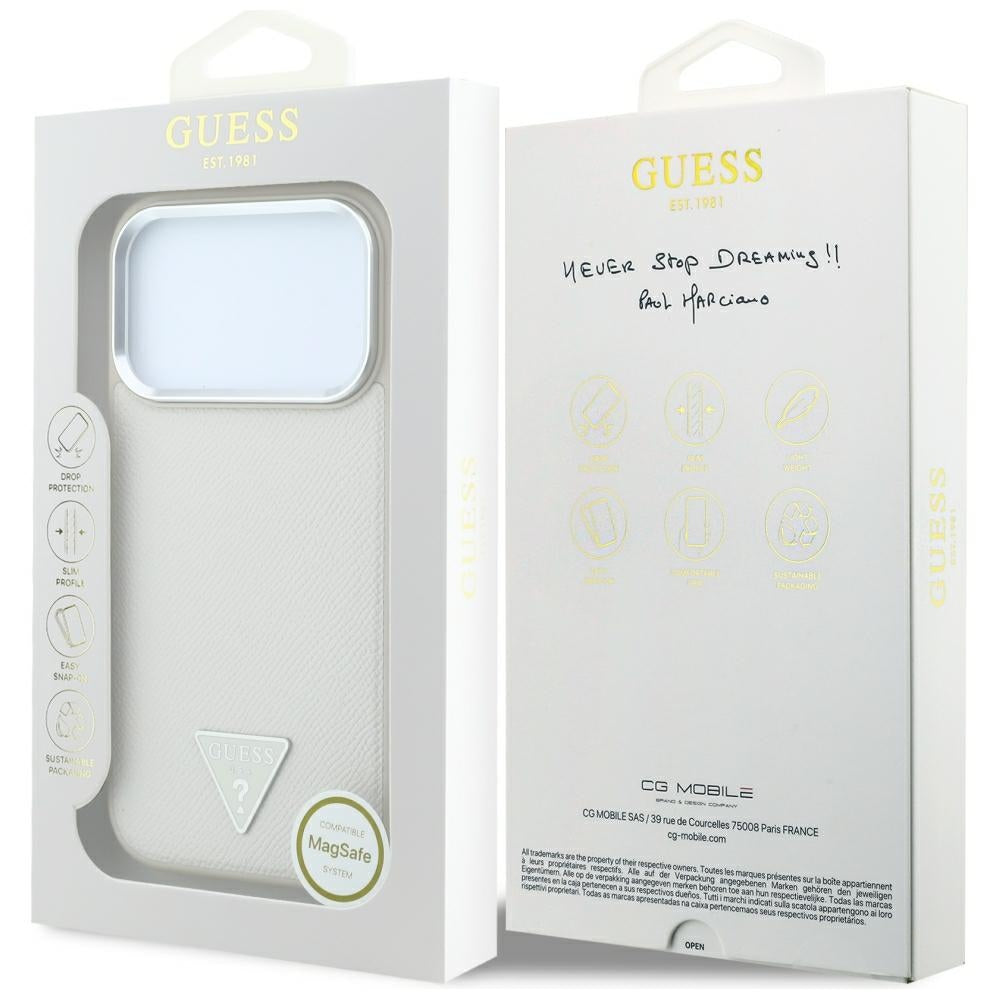 Guess Grained Triangle Logo MagSafe dėklas iPhone 18 Pro / 17 Pro - Smėlio spalva -- iPhone 18 Pro / iPhone 17 Pro