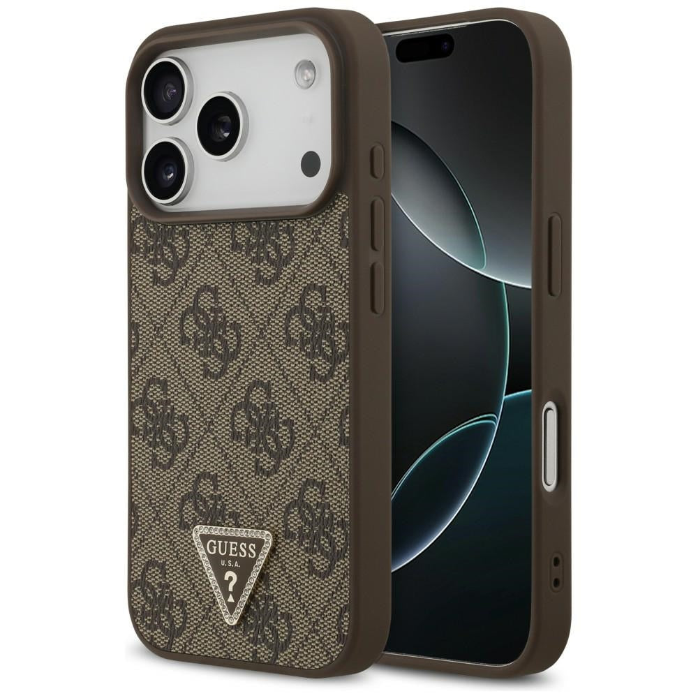 Guess Leather 4G Triangle Strass MagSafe dėklas iPhone 18 Pro / 17 Pro - Ruda -- iPhone 18 Pro / iPhone 17 Pro