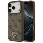 Guess Leather 4G Triangle Strass MagSafe dėklas iPhone 18 Pro / 17 Pro - Ruda -- iPhone 18 Pro / iPhone 17 Pro