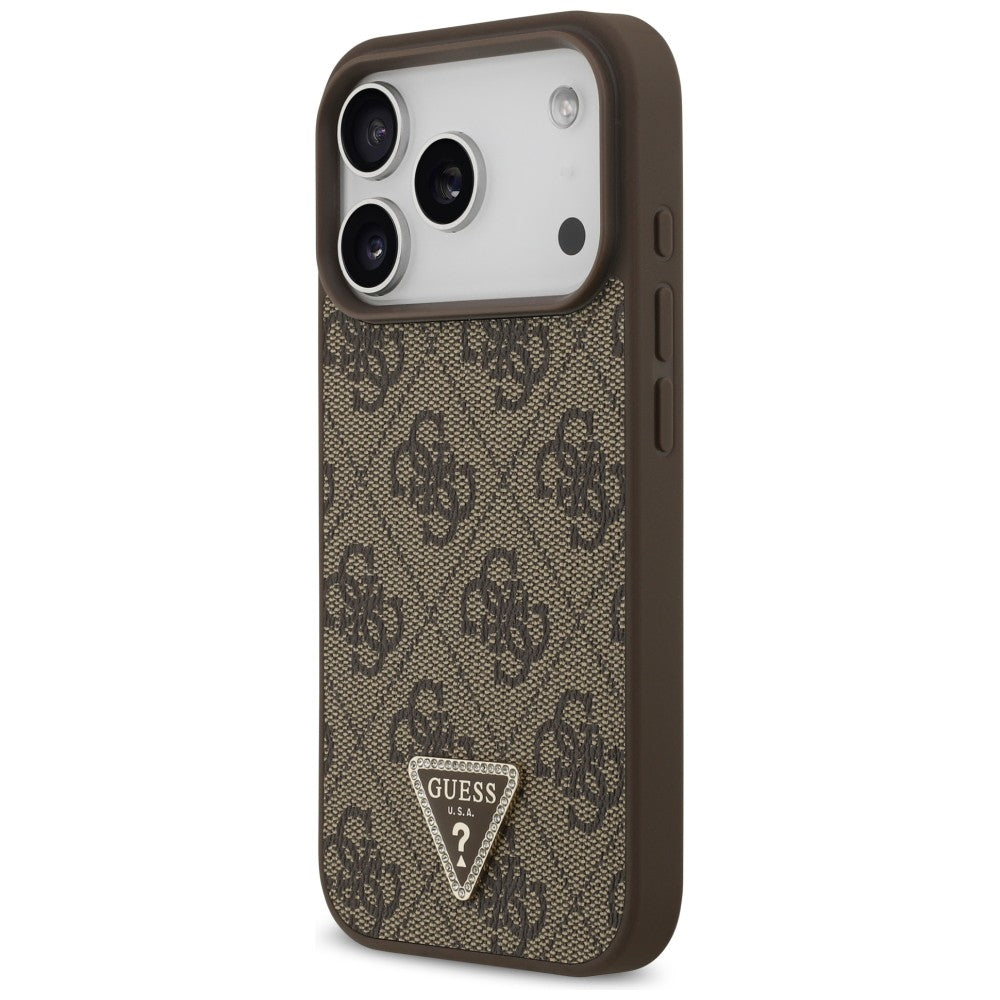 Guess Leather 4G Triangle Strass MagSafe dėklas iPhone 18 Pro / 17 Pro - Ruda -- iPhone 18 Pro / iPhone 17 Pro