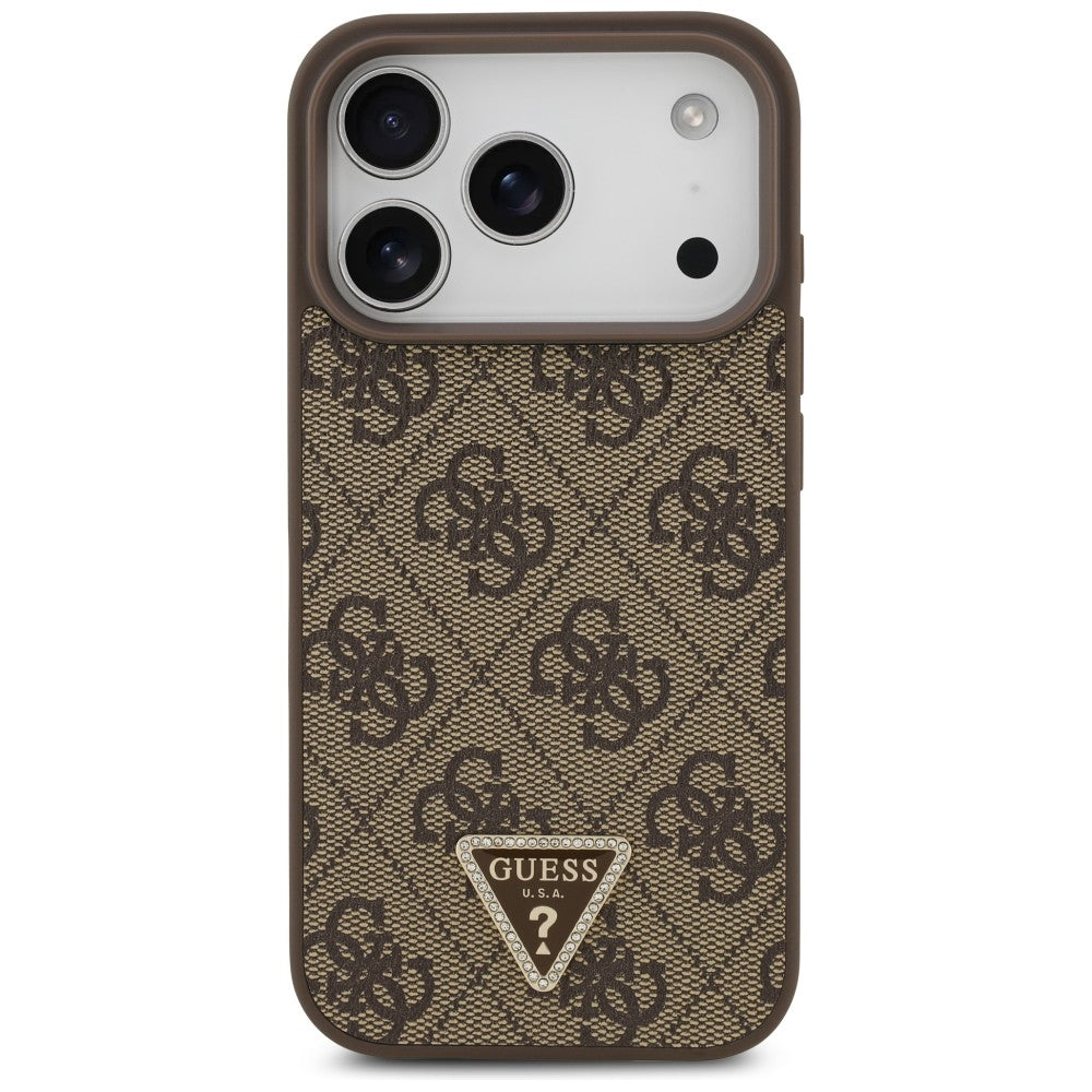 Guess Leather 4G Triangle Strass MagSafe dėklas iPhone 18 Pro / 17 Pro - Ruda -- iPhone 18 Pro / iPhone 17 Pro