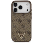Guess Leather 4G Triangle Strass MagSafe dėklas iPhone 18 Pro / 17 Pro - Ruda -- iPhone 18 Pro / iPhone 17 Pro