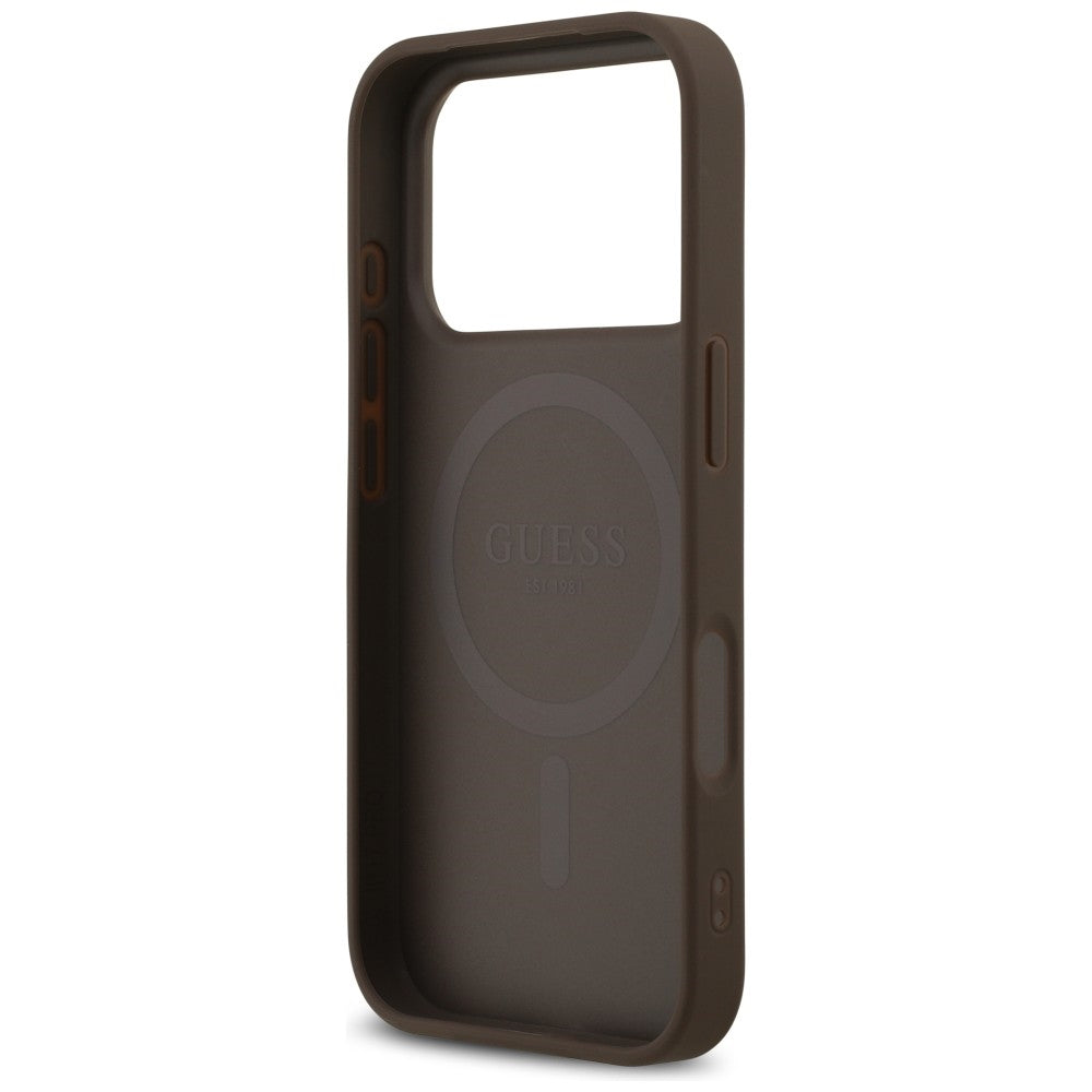 Guess Leather 4G Triangle Strass MagSafe dėklas iPhone 18 Pro / 17 Pro - Ruda -- iPhone 18 Pro / iPhone 17 Pro