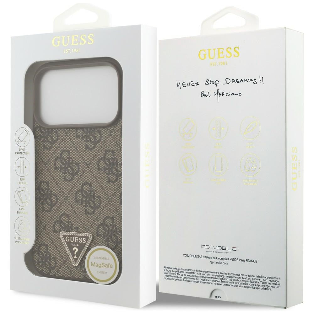 Guess Leather 4G Triangle Strass MagSafe dėklas iPhone 18 Pro / 17 Pro - Ruda -- iPhone 18 Pro / iPhone 17 Pro