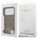 Guess Leather 4G Triangle Strass MagSafe dėklas iPhone 18 Pro / 17 Pro - Ruda -- iPhone 18 Pro / iPhone 17 Pro