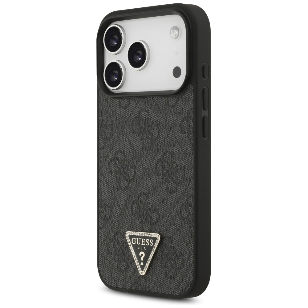 Guess Leather 4G Triangle Strass MagSafe dėklas iPhone 18 Pro / 17 Pro - Juodas -- iPhone 18 Pro / iPhone 17 Pro