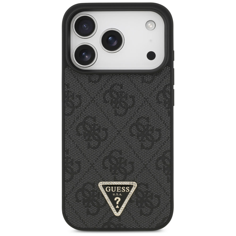 Guess Leather 4G Triangle Strass MagSafe dėklas iPhone 18 Pro / 17 Pro - Juodas -- iPhone 18 Pro / iPhone 17 Pro