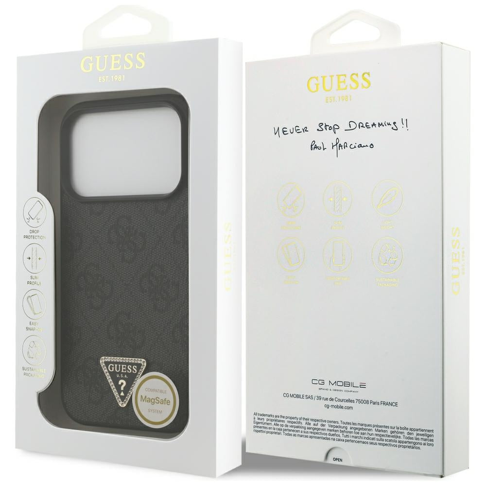 Guess Leather 4G Triangle Strass MagSafe dėklas iPhone 18 Pro / 17 Pro - Juodas -- iPhone 18 Pro / iPhone 17 Pro