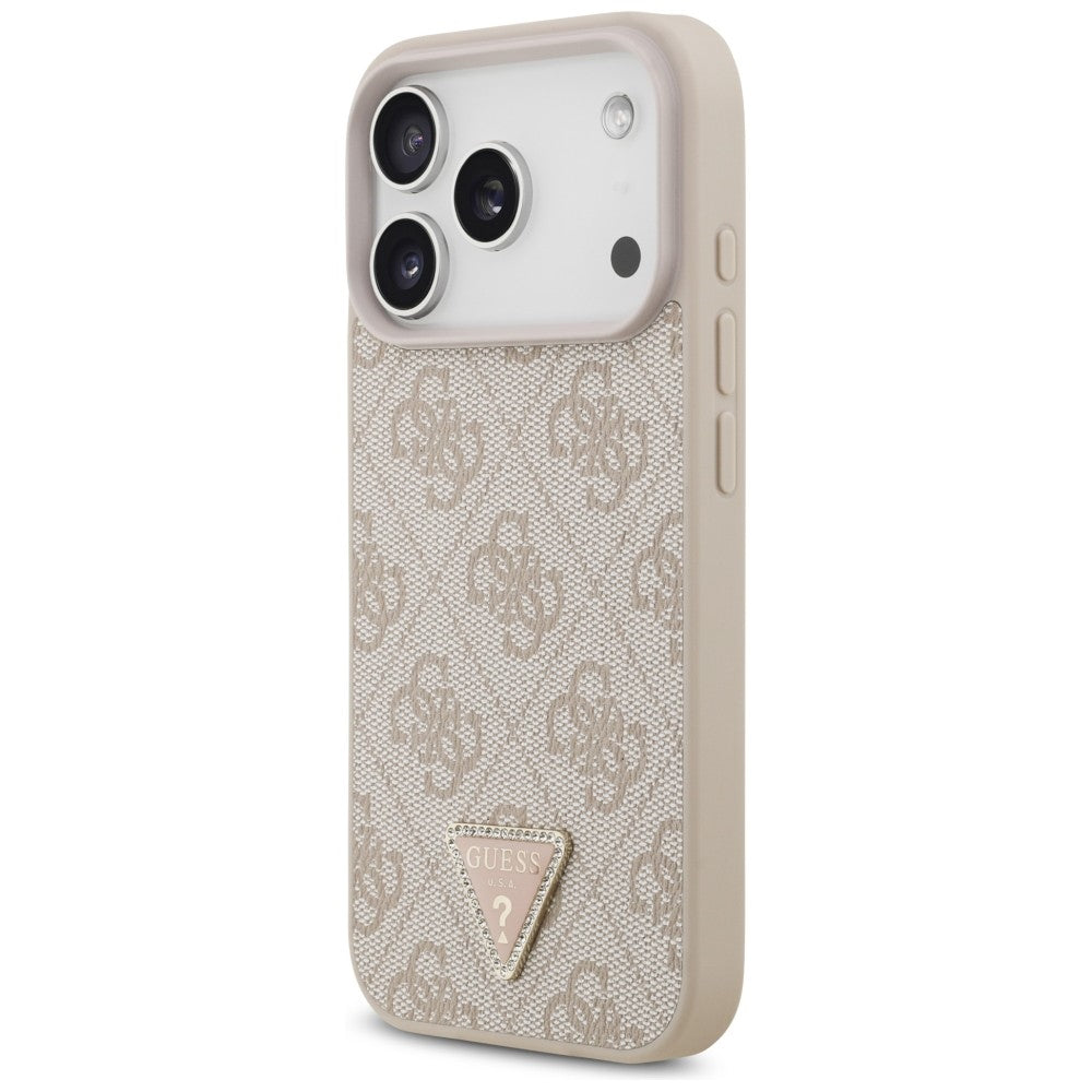 Guess Leather 4G Triangle Strass MagSafe dėklas iPhone 18 Pro / 17 Pro - Rožinė -- iPhone 18 Pro / iPhone 17 Pro