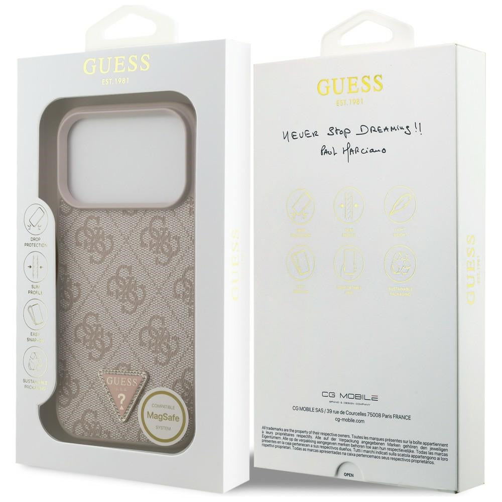 Guess Leather 4G Triangle Strass MagSafe dėklas iPhone 18 Pro / 17 Pro - Rožinė -- iPhone 18 Pro / iPhone 17 Pro